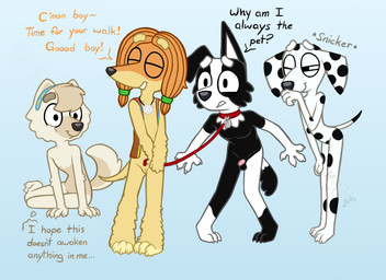 accessory anthro balls bdsm bottomless casual_nudity clothed clothing collar collar_only dialogue embarrassed female flaccid freckled_face freckles genitals group humiliation laughing_at_another leash leashed_collar male mostly_nude nude penis petplay roleplay small_penis text thought_bubble topwear topwear_only vest vest_only vulva young the2ofarts bluey_(series) chloe_(bluey) indy_(bluey) judo_(bluey) mackenzie_(bluey) canid canine canis dalmatian domestic_dog mammal 2026 absurd_res english_text hi_res signature