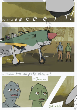 aircraft anthro belt bottomwear brakes brown_eyes calm clothed clothing dialogue dirt exhaust_pipe eyes_closed female footwear fur glowing grass green_eyes grey_body group gun hand_on_leg hand_on_thigh heat_(temperature) leaf looking_at_another looking_at_object male male_anthro onomatopoeia pants periscope plant propeller purple_body ranged_weapon scarf shoes sitting smile smoke smoke_trail sound_effects standing tarp text tired_eyes tongue topless topless_anthro topless_male tree treeline vehicle weapon wheel worried boganafoganasee_(artist) gaijin_entertainment mythology war_thunder yokosuka_d4y yokosuka_naval_air_technical_arsenal ernesto_goya fred_vik georgia_nim_coaler vin_vik dragon furred_dragon furred_scalie mythological_creature mythological_scalie scalie wingless_dragon absurd_res comic english_text hi_res
