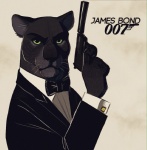 alternate_species anthro bad_trigger_discipline black_body black_fur black_tie_(suit) bow_(feature) bow_tie clothing cuff_links fur furrification green_eyes gun handgun holding_gun holding_object holding_ranged_weapon holding_weapon inner_ear_fluff looking_at_viewer male melanistic pistol ranged_weapon silencer simple_background solo suit text tuft weapon whiskers ritwell 007 james_bond felid mammal pantherine 2016 bust_portrait portrait