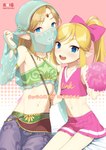 blonde_hair blue_eyes cheerleader_outfit clothed clothing crossdressing duo femboy gerudo_outfit hair humanoid_pointy_ears light_body light_skin long_hair looking_at_viewer male navel not_furry pointy_ears pom_poms simple_background sitting square_crossover veil broccoholic breath_of_the_wild nintendo the_legend_of_zelda link young_link elf humanoid hylian