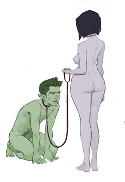 5_fingers 5_toes arm_support bdsm biped black_hair blush bob_cut bodily_fluids breasts butt choker collar dominant dominant_female dominant_human drooling duo erection eyebrows fangs feet female female_human fingers foreskin genitals glans green_body green_eyebrows green_eyes green_hair green_lips green_penis green_pubes green_skin grey_body grey_choker grey_glans grey_jewelry grey_necklace grey_nipples grey_penis grey_skin hair holding_leash holding_object human_on_humanoid humanoid_feet humanoid_hands humanoid_pointy_ears interspecies jewelry kneeling leaning leaning_forward leash leashed_collar lips looking_at_another looking_at_genitalia looking_at_partner looking_at_vulva male male/female male_humanoid medium_breasts multicolored_penis necklace nipples not_furry nude nude_female nude_human nude_humanoid nude_male open_mouth pecs penis pink_tongue plantigrade pointy_ears pubes red_collar red_leash retracted_foreskin saliva short_hair simple_background submissive submissive_humanoid submissive_male sweat sweaty_face teeth toes tongue two_tone_penis white_background wide_hips amugea dc_comics teen_titans beast_boy raven_(dc) human humanoid mammal 2025 absurd_res hi_res