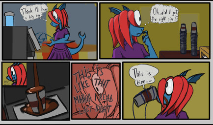 anthro beverage black_bars blue_body coffee container cup dialogue drinking fangs female holding_container holding_cup holding_object overflowing_container solo teeth text thought_bubble sillyvladek cauchemarionto_(sillyvladek) aquatic fish shark 2024 comic digital_drawing_(artwork) digital_media_(artwork) english_text hi_res letterbox
