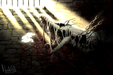 ambiguous_gender attack blood bodily_fluids bound brick_wall cere_(anatomy) chain chained day detailed_background dungeon duo dying feathered_wings feathers glowing glowing_body inside light light_beam open_mouth sunbeam sunlight teeth tongue wall_(structure) white_body white_feathers white_wings wings nashiholy avian bird columbid dove monster 2018 digital_media_(artwork) digital_painting_(artwork) hi_res painting_(artwork) signature