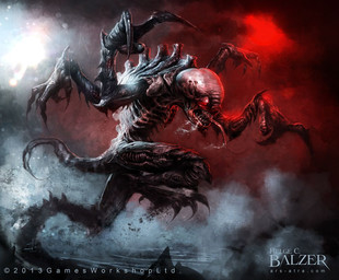 4_arms 5_fingers ambiguous_gender bodily_fluids cheek_window claws drooling exoskeleton fingers multi_arm multi_limb not_furry nude open_mouth purple_body purple_exoskeleton running saliva smoke solo tail text tongue tongue_out helge_c_balzer warhammer_(franchise) warhammer_40000 alien genestealer humanoid tyranid 2013 official_art url
