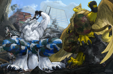 4_toes 5_fingers abs anthro beak biceps biped brown_body building building_destruction city city_background city_crushing city_destruction cityscape claws clothed clothing destruction detailed_background duo extreme_size_difference feathered_wings feathers feet finger_claws fingerless_gloves fingers gloves handwear landscape_dwarfing macro macro_anthro macro_male male muscular muscular_anthro muscular_male open_mouth outside paws pecs rampage size_difference sky smile stomping subway tail toe_claws toes train vehicle vehicle_destruction vore wings shaneinvasion mythology carpo kill_(sergal) avian gryphon mythological_avian mythological_creature sergal hi_res