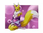 asian_clothing black_sclera breasts clothing east_asian_clothing female fluffy fluffy_tail fur japanese_clothing kimono nipples solo tail yellow_body yellow_fur ajvulpes bandai_namco digimon canid canine digimon_(species) mammal renamon 2017 absurd_res hi_res