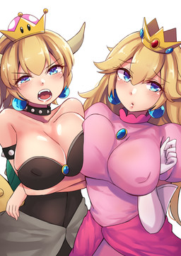 alternate_species armband armwear blonde_hair blue_eyes blush breast_squish breasts breasts_frottage clothed clothing collar crossgender crown duo ear_piercing elbow_gloves female gloves hair handwear headgear horn humanoidized looking_at_viewer mtf_crossgender not_furry open_mouth piercing ponytail spiked_armband spikes squish studded_collar studs super_crown mistynight bowsette_meme mario_bros nintendo bowser princess_peach horned_humanoid human humanoid mammal 2018 hi_res meme