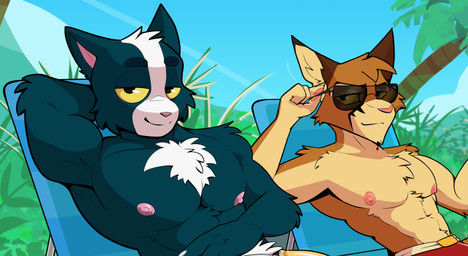 abs anthro clothed clothing duo eyewear male muscular muscular_male pecs sunglasses topless jaypinho final_space lackadaisy avocato dorian_zibowski domestic_cat felid feline felis mammal ventrexian absurd_res crossover hi_res