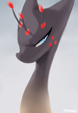 antennae_(anatomy) black_body black_skin blue_eyes female gradient_background grumpy long_neck looking_at_viewer simple_background solo sunibee cocoa_(sunibee) alien lilibee digital_media_(artwork) headshot_portrait portrait signature