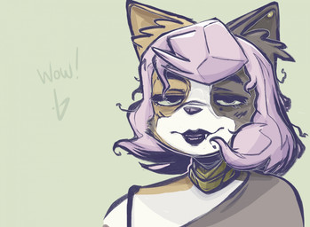 anthro ear_piercing fangs female front_view green_background green_eyes hair half-closed_eyes inner_ear_fluff lips looking_at_viewer medium_hair messy_fur messy_hair mole_under_eye mole_under_mouth narrowed_eyes piercing pink_hair simple_background solo teeth text thick_lips tuft bbravaa polly_(bbravaa) felid mammal bust_portrait colored english_text hi_res portrait shaded
