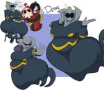2024 5_fingers belly big_belly black_hair breasts desire_(dewwydarts) dewwydarts dialogue duo dusknoir duskull embrace english_text featureless_breasts featureless_crotch female fingers floating generation_3_pokemon generation_4_pokemon ghost ghost_tail grey_body hair hi_res hug huge_thighs human humanoid male mammal markings nintendo not_furry open_mouth overweight overweight_female pokemon pokemon_(species) solo_focus speech_bubble spirit text thick_thighs trainer wide_hips yellow_markings