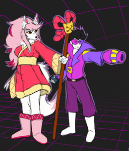 alternate_universe anthro asian_clothing bell belly belt big_breasts black_hair boots breasts clothing collar collared_jacket collared_shirt curvy_figure duo east_asian_clothing electronics eyewear fanfiction female fighting_pose footwear fur glasses hair human_on_anthro human_on_anthro_romance interspecies japanese_clothing kimono larger_female long_hair long_tail male male/female multicolored_body multicolored_fur phone pink_body pink_clothing pink_fur pink_hair pink_nose ponytail pose purple_clothing ranged_weapon romantic romantic_couple shirt shoes simple_background size_difference smaller_male smile staff tail topwear two_tone_body two_tone_fur two_tone_tail weapon wearing_glasses white_body white_fur white_skin embersstudio deltarune deltarune_black undertale_(series) asen_(deltarune_black) fan_character mariko_(deltarune_black) spamton_g._spamton spamton_neo canid canine fox human mammal hi_res story story_at_source story_in_description