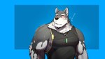 anthro biceps blush clothing green_eyes jewelry male muscular muscular_anthro muscular_male necklace pecs red_sclera shirt solo tank_top topwear huto_futon lifewonders live_a_hero monomasa canid canine canis domestic_dog husky mammal nordic_sled_dog spitz 16:9 hi_res widescreen