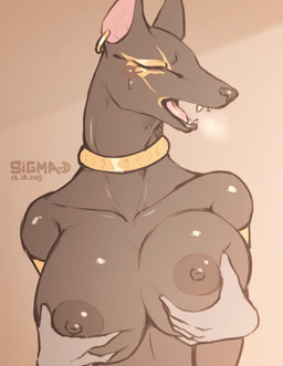 anthro areola behind_another big_breasts blush bodily_fluids breast_fondling breast_grab breast_play breast_squish breasts collarbone disembodied_hand duo ear_piercing ear_ring ears_up female fondling from_behind_position front_view glistening glistening_breasts hand_on_breast head_turned huge_breasts looking_pleasured nipples nude piercing ring_piercing sex simple_background solo solo_focus squish sweat teeth tongue upper_body sigma-d laila_(sigma-d) anubian_jackal canid canine canis jackal mammal 2025 2d_animation animated frame_by_frame hi_res