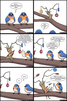 blue_body blue_feathers bottle_cap branch dialogue duo feathers feral simple_background text white_background pet_foolery avian bird 2:3 absurd_res comic english_text hi_res female_(lore) male_(lore)