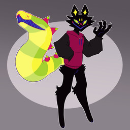 ambiguous_gender anthro bared_teeth black_body black_ears black_legs black_paws blue_teeth cheek_tuft claws facial_tuft feet green_eyes green_tail hindpaw hip_tuft leg_tuft markings paws red_spikes solo spiked_tail spikes spikes_(anatomy) striped_markings striped_tail stripes sweatshirt tail tail_markings tail_mouth teeth tuft unusual_anatomy unusual_tail x_eyes plentyofsoup radio_(plentyofsoup) mammal scalie unknown_species 1:1 absurd_res hi_res
