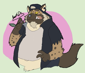 alternative_fashion anthro backwards_baseball_cap backwards_cap backwards_hat barazoku baseball_cap belly biceps big_belly black_baseball_cap black_bottomwear black_clothing black_hat black_headwear black_jacket black_pants black_topwear bottomwear brown_body brown_fur bully clothing delinquent exposed_belly fangs fur hat headgear headwear jacket male manly markings musclegut muscular muscular_anthro muscular_arms muscular_male overweight overweight_anthro overweight_male pants punk rebel shirt solo spots spotted_body spotted_fur spotted_markings standing tail teeth thick_arms tight_clothing tight_shirt tight_topwear topwear tough_guy white_body white_clothing white_fur white_shirt white_topwear yellow_eyes jacobspencer04 hyena mammal spotted_hyena