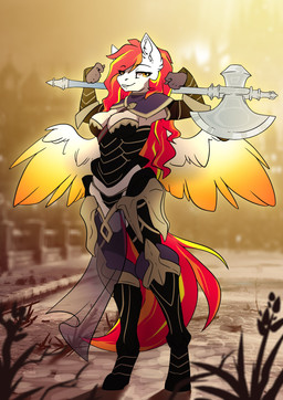 anthro armor axe clothing corset_armor female fur hair hooves light looking_aside melee_weapon panties plant red_hair smile solo spread_wings standing sunlight unconvincing_armor underwear unguligrade weapon white_body white_fur wings ashley-arctic-fox hasbro my_little_pony mythology fan_character equid equine mammal mythological_creature mythological_equine pegasus absurd_res hi_res