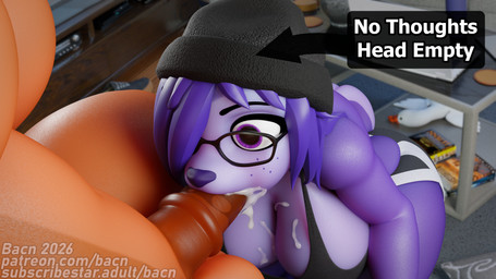 animal_genitalia animal_penis anthro balls big_breasts bodily_fluids breasts cleavage clothed clothed/nude clothing cum cum_in_mouth cum_inside cum_on_breasts cum_on_face detailed_background duo equine_genitalia equine_penis erection eyewear fellatio female freckled_face freckles genital_fluids genitals glasses glistening glistening_arms glistening_body glistening_genitalia glistening_penis gynomorph hair hat head_empty headgear headwear huge_breasts inside intersex intersex/female kneeling nude oral oral_penetration penetration penile penis purple_hair sex tail text topwear under_boob bacn bacn_(modeler) bacn_(character) lagomorph leporid mammal rabbit 16:9 2026 3d_(artwork) 4k absurd_res blender_(artwork) blender_cycles_(artwork) digital_media_(artwork) english_description english_text hi_res url widescreen