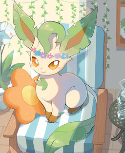 amber_eyes ambiguous_gender blush brown_body brown_fur chair cushion digitigrade feral flower flower_crown fur furniture green_body inside leaf leg_markings looking_at_viewer markings notched_ear paws plant quadruped socks_(marking) solo tail tan_body tan_fur komanyachi nintendo pokemon eeveelution generation_4_pokemon leafeon pokemon_(species) 2026 absurd_res digital_media_(artwork) hi_res