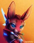 anthro ear_piercing electronics female hair headphones orange_background piercing red_hair simple_background solo neotheta lagomorph leporid mammal rabbit closed_(disambiguation) 2016