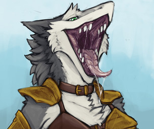 anthro bodily_fluids brown_collar clothed clothing collar detailed_mouth drooling female fur gaping_mouth glistening glistening_eyes green_eyes grey_body grey_fur looking_at_viewer mouth_shot narrowed_eyes open_mouth red_tongue saliva saliva_on_tongue saliva_string shoulder_pads simple_background solo teeth three-quarter_view tongue tongue_out unsigned white_body white_fur acidic sergal bust_portrait portrait