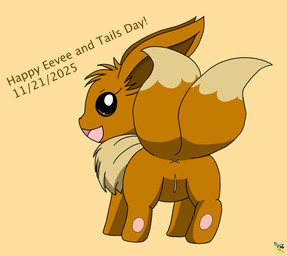 2_tails anus brown_body brown_fur butt female female_feral feral fur genitals logo looking_at_viewer looking_back looking_back_at_viewer multi_tail simple_background smile solo tail text vulva x_anus pichu90 eevee_day nintendo pokemon pokemon-specific_day eevee generation_1_pokemon mammal pokemon_(species) 2025 artist_logo dated english_text
