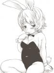 3:4 anthro big_breasts biped blush bow_(feature) bow_tie breasts bunny_costume clothing costume digital_media_(artwork) female finger_to_mouth fur hair kemono kikurage lagomorph leporid lingerie long_ears looking_at_viewer mammal monochrome rabbit shaded shirt_cuffs short_hair simple_background sitting sketch solo teddy_(clothing) white_background