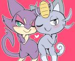 ambiguous_gender blush duo feral fur green_eyes grey_body grey_eyes grey_fur heart_symbol hip_to_hip licking licking_lips looking_at_viewer no_shading one_eye_closed pink_background purple_body purple_fur self_lick simple_background smile tongue tongue_out wink wakasumire nintendo pokemon alolan_form alolan_meowth felid generation_5_pokemon generation_7_pokemon mammal pokemon_(species) purrloin regional_form_(pokemon) unavailable_at_source