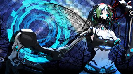 belt blue_eyes checkered checkered_background claws clothing crop_top electronics eyewear eyewear_on_head female glowing glowing_eyes goggles goggles_on_head green_hair hair headphones heterochromia insect_wings machine mechanical_arm midriff not_furry_focus pattern_background shirt short_hair simple_background solo topwear wings deino_(artist) vocaloid calne_ca megpoid_gumi arthropod crustacean humanoid isopod malacostracan robot robot_humanoid winged_humanoid 16:9 2012 3d_(artwork) autodesk_3ds_max_(artwork) blue_theme cool_colors digital_media_(artwork) widescreen