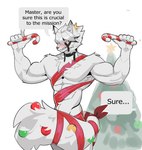 5_fingers abs anthro biceps biped blush candy candy_cane christmas_tree dessert dialogue fingers food fur holding_candy holding_candy_cane holding_food holding_object holidays inner_ear_fluff male muscular muscular_anthro muscular_male pecs plant solo speech_bubble tail text tree tuft white_body white_fur hdcatmeow christmas mihoyo zenless_zone_zero von_lycaon canid canine canis mammal wolf english_text hi_res