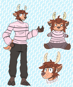 anthro antlers blue_background bottomwear brown_body brown_fur brown_hair chibi clothing ears_aside eyebrows eyelashes fur gesture hair hand_gesture hand_in_pocket hooves horn inner_ear_fluff male markings mole_(marking) pattern_background pattern_clothing plushie plushification pockets raised_arm raised_eyebrows scut_tail short_tail simple_background simple_coloring smile solo striped_clothing stripes sweater tail topwear tuft worried jazzydeetective jazz_(jazzydeetective) deer mammal new_world_deer white-tailed_deer digital_drawing_(artwork) digital_media_(artwork) flat_colors hi_res