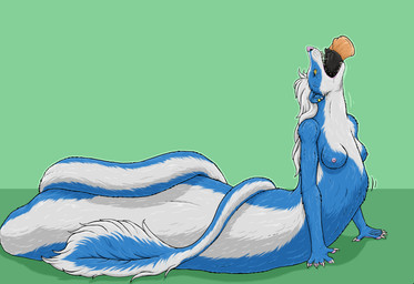 almost_fully_inside ambiguous_gender ambiguous_prey anthro anthro_pred apode blue_body blue_fur breasts duo ear_piercing ear_ring female female_pred fur green_background hair head_first hooves legless nipples nude nude_female oral_vore piercing ring_piercing serpentine simple_background tail tail_tuft tuft vore white_body white_fur white_hair yellow_eyes strega european_mythology greek_mythology mythology uvuzi bovid bovine draconcopode hybrid mammal mephitid minotaur naga skunk hi_res