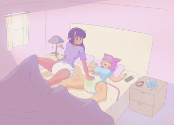 bed bedding bedroom blanket bodily_fluids bow_ribbon clothed clothing collar diaper duo electronics female furniture genital_fluids hair lamp nightstand nocturnal_enuresis phone pillow pink_hair purple_hair red_body sleeping unclean_diaper urine used_diaper wearing_diaper wet_diaper window classyshrimp classy_(classyshrimp) shrimp_(classyshrimp) demon felid feline mammal hi_res