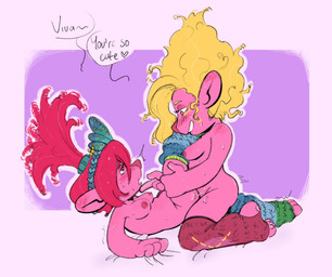 age_difference biped blush breasts clothing dialogue duo erect_nipples female female/female female_humanoid footwear grabbing_sheets heart_symbol humanoid_on_humanoid mostly_nude name_drop name_in_dialogue nipples pink_body pink_skin sex socks speech_bubble stirrup_socks text tribadism vaginal relatedturtles dreamworks trolls_(dreamworks) poppy_(trolls) viva_(trolls) humanoid troll_(mythology) troll_(trolls) digital_drawing_(artwork) digital_media_(artwork) english_text hi_res incest_(lore) sibling_(lore) sister_(lore) sisters_(lore)
