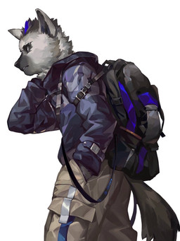anthro backpack black_hair black_nose clothed clothing fully_clothed fur grey_body grey_fur hair hand_in_pocket hand_on_neck jacket male multicolored_body multicolored_fur multicolored_hair pockets simple_background solo topwear two_tone_body two_tone_fur two_tone_hair gundanw arknights hypergryph studio_montagne spot_(arknights) hyena mammal spotted_hyena 3:4