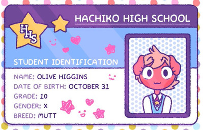 :d ambiguous_gender anthro clothing collared_shirt fur hair heart_symbol id_card orange_hair red_body red_fur shirt smile smiling_at_viewer solo star text topwear white_clothing white_shirt white_topwear 90percentdenny 90_percent_studios purrfect_apawcalypse olive_higgins canid canine canis domestic_dog mammal english_text