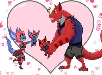 anthro blue_body bottomwear clothing doll duo female hair heart_symbol holidays jacket male orange_eyes purple_eyes red_body red_hair shirt shorts skirt tail tapering_tail thick_tail topwear tibbs mythology valentine's_day baku_(tibbs) star_(tibbs) dragon kobold mythological_creature mythological_scalie scalie hi_res