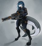 angry anthro big_breasts blue_hair breasts digitigrade female grey_background gun hair holding_gun holding_object holding_ranged_weapon holding_weapon non-mammal_breasts ranged_weapon rifle simple_background solo weapon zer0ember monique_(tacodragon) fish marine shark 2019 hi_res