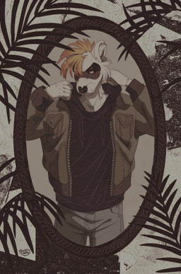 abstract_background anthro bottomwear brown_background clothing denim denim_bottomwear denim_clothing hoodie jacket jacket_vest jeans looking_at_viewer male mirror pants personal_grooming simple_background solo standing topwear vest terribleanimal hunter_(ziggy) domestic_ferret mammal mustelid musteline true_musteline weasel absurd_res hi_res