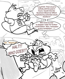 anthro buckteeth car dialogue door duo female inside_car inside_vehicle knocking_on_door male paws steering_wheel surprised teeth text thinking vehicle tet_40 disney zootopia nibbles_maplestick nick_wilde beaver canid canine fox mammal red_fox rodent true_fox english_text hi_res monochrome