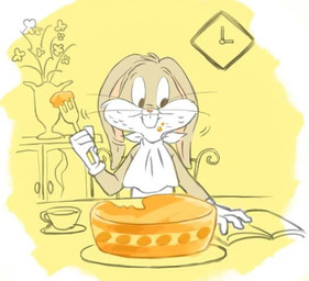 anthro beverage bib book building cabinet cake clock clothing container crumbs cup cutlery dessert eating flower food fork furniture gloves gloves_only handwear handwear_only happy house kitchen_utensils male mostly_nude on_model plant plate reading reading_book smile solo table tea tools vase mokako looney_tunes warner_brothers bugs_bunny lagomorph leporid mammal rabbit