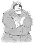 anthro belly big_belly bottomwear clothed clothing crossed_arms kemono male overweight overweight_male pants shirt simple_background smile solo topwear sv_grart canid canine mammal raccoon_dog tanuki 2024 hi_res monochrome