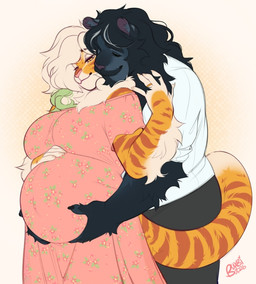 5_fingers anthro belly belly_grab big_belly big_breasts black_hair bottomwear breasts clothed clothing digit_ring dress duo eyebrow_through_hair eyebrows facial_hair female fingers fur green_highlights grey_highlights hair hand_on_own_belly highlights_(coloring) huge_breasts husband_and_wife jewelry long_hair male male/female markings married_couple multicolored_body multicolored_fur multicolored_hair multicolored_tail mustache narrowed_eyes orange_body orange_fur orange_tail pants pregnant ring standing striped_body striped_fur striped_markings striped_tail stripes tail tail_markings topwear translucent translucent_hair two_tone_hair wedding_ring white_body white_fur white_hair white_tail yellow_eyes buxbi buxbi_(character) felid mammal pantherine tiger 2026 signature