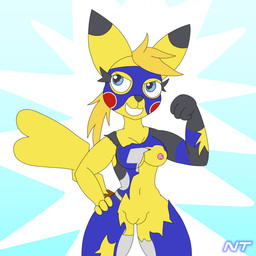 anthro blue_eyes breasts clothed clothing eyelashes female flexing genitals hair mask partially_clothed pokemorph ponytail raised_arm small_waist smile solo sports_mask sportswear thick_thighs torn_clothing vulva wide_hips wrestler wrestling_gear wrestling_mask yellow_body ninjatreecko nintendo pokemon fan_character generation_1_pokemon pikachu pokemon_(species) 1:1 hi_res