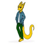 1:1 anthro asherduch blue_clothing blue_coat blue_topwear bottomwear brown_eyes clothing coat green_bottomwear green_clothing green_pants horn lizard low_res male pants reptile scales scalie simple_background snake_brando_(snakeparty) snakeparty solo topwear white_background yellow_body yellow_horn yellow_scales yellow_skin