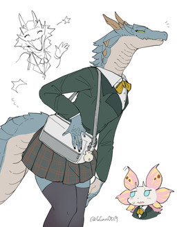 5_fingers absolute_territory ambiguous_anthro ambiguous_gender anthro anthrofied bag bent_arm biped blue_body blue_scales bottomwear clothed clothed_anthro clothed_female clothing collared_shirt duo emanata female female_anthro fingers fully_clothed fully_clothed_anthro fully_clothed_female gesture green_clothing green_eyes green_shirt green_topwear grey_clothing grey_legwear grey_thigh_highs handbag horn keychain legwear looking_at_viewer multi_horn multicolored_body open_mouth open_smile pattern_bottomwear pattern_clothing pattern_skirt plaid plaid_bottomwear plaid_clothing plaid_skirt scales shirt simple_background skirt smile smiling_at_viewer solo_focus spikes spikes_(anatomy) standing tan_body text thigh_highs topwear two_tone_body ventral_scales waving waving_at_viewer white_background ggnn_(artist) capcom jewish_mythology monster_hunter mythology aquatic aquatic_dragon bird_wyvern dragon lagiacrus leviathan leviathan_(mh) mizutsune mythological_creature mythological_marine mythological_scalie scalie seikret 2025 artist_name digital_media_(artwork) flat_colors hi_res