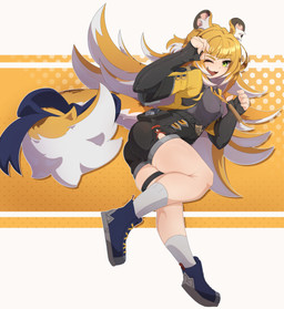 :3 accessory animal_ear_fluff animal_ears anthro armwear big_butt black_bottomwear black_clothing black_gloves black_handwear black_shorts blonde_hair blue_ribbon blush bottomwear butt clothing colored_nails cropped_jacket elbow_gloves fangs female fingerless_gloves fluffy footwear from_side furgonomics gloves green_eyes hair half_updo handwear hotpants huge_butt jacket jumping legs_together long_hair looking_at_viewer looking_back markings metal nails one_eye_closed open_mouth orange_hair paw_pose pose ribbons shoes short_sleeves shorts simple_background skindentation smile socks solo standing striped_hair striped_markings striped_tail stripes tail tail_accessory tail_markings tail_ornament tail_ribbon teeth thick_thighs thigh_strap tiger_ears tiger_tail topwear white_background wide_hips nade mihoyo zenless_zone_zero ju_fufu felid human humanoid mammal pantherine absurd_res hi_res