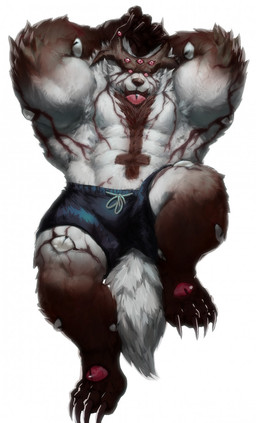 anthro barazoku big_muscles brown_body brown_fur brown_horn bulge clothed clothing front_view fur horn huge_muscles looking_at_viewer male male_anthro multi_eye muscular muscular_anthro muscular_male pink_eyes pupils simple_background slit_pupils solo topless unusual_anatomy unusual_eye_placement white_background white_body white_fur dust_yang species_request hi_res