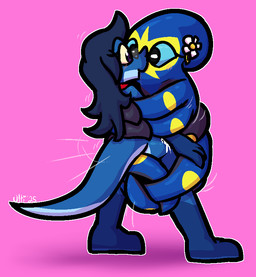 ambiguous_penetration anthro anthro_on_feral anthro_penetrating anthro_penetrating_feral bestiality blue_body blue_hair blue_scales blue_sclera blush bodily_fluids cum cum_splatter drooling eyewear female female_penetrated feral feral_penetrated flower_on_head genital_fluids glasses grey_eyewear grey_glasses hair horizontal_pupils hug interspecies kerchief kissing male male/female male_penetrating male_penetrating_female markings motion_lines penetration pink_background pupils red_kerchief saliva scales sex simple_background stand_and_carry_position standing standing_sex thrusting tongue tongue_out yellow_body yellow_markings yellow_sclera ultilix nintendo pokemon jo_grant ulti_(ultilix) aquatic cephalopod coleoid generation_8_pokemon grapploct lizard mollusk octopodiform octopus pokemon_(species) reptile scalie 2025